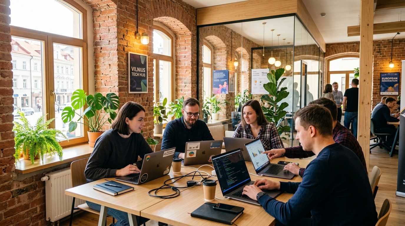 Vibrant technology entrepreneurs collaborating at Vilnius tech park